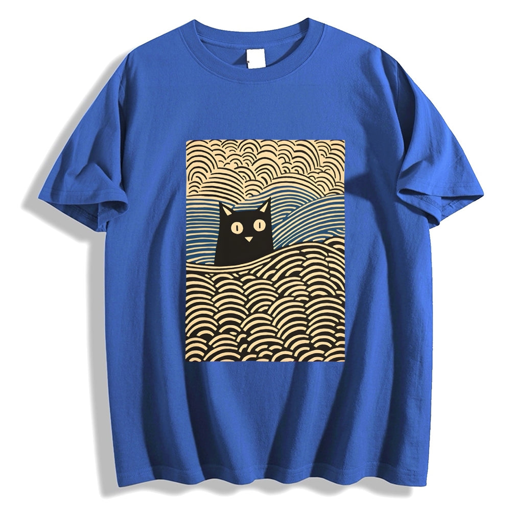 Wave Japanese Cat Art Cotton Casual T-shirt