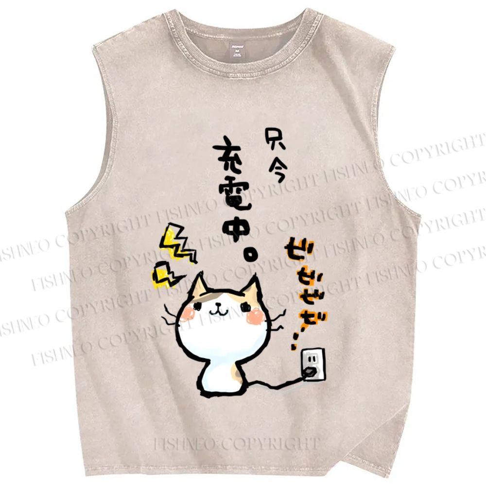Unisex Charging Cat Printed Washed Tank Top