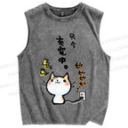 Unisex Charging Cat Printed Washed Tank Top