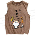 Unisex Charging Cat Printed Washed Tank Top