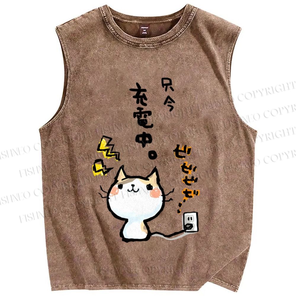 Unisex Charging Cat Printed Washed Tank Top
