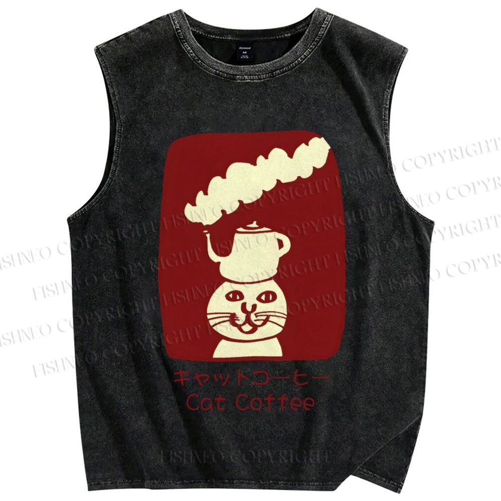 Unisex Cat Coffee Printed Washed Tank Top