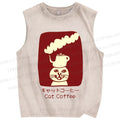 Unisex Cat Coffee Printed Washed Tank Top
