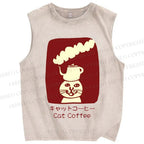 Unisex Cat Coffee Printed Washed Tank Top