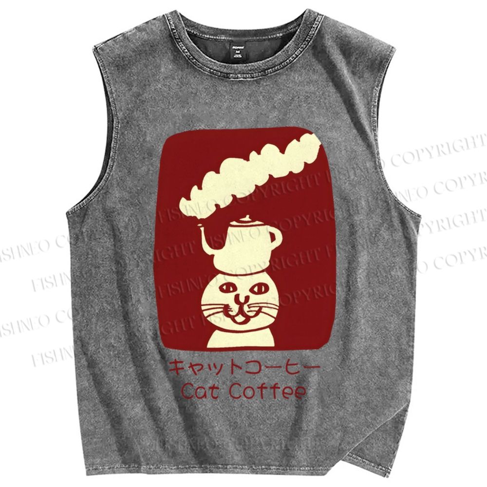 Unisex Cat Coffee Printed Washed Tank Top