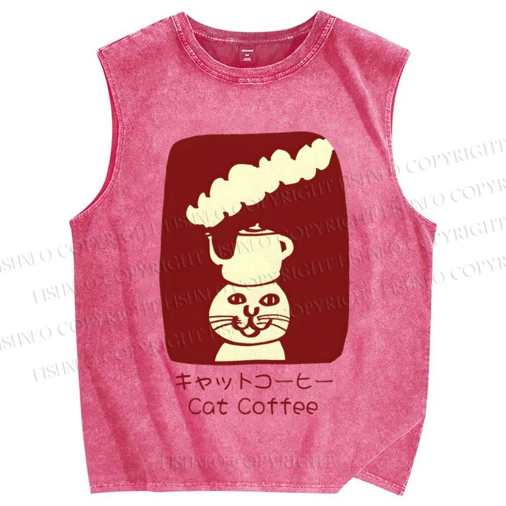 Unisex Cat Coffee Printed Washed Tank Top