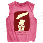Unisex Cat Coffee Printed Washed Tank Top