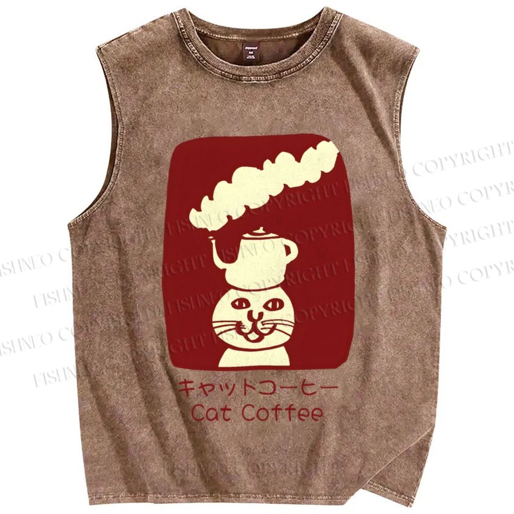 Unisex Cat Coffee Printed Washed Tank Top