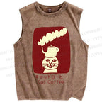 Unisex Cat Coffee Printed Washed Tank Top