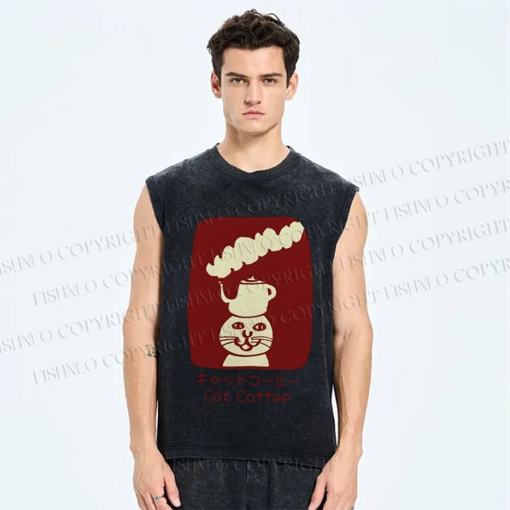 Unisex Cat Coffee Printed Washed Tank Top