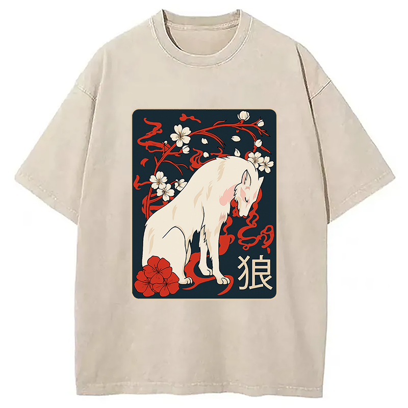 Ancient Japanese Wolf Art Washed T-Shirt