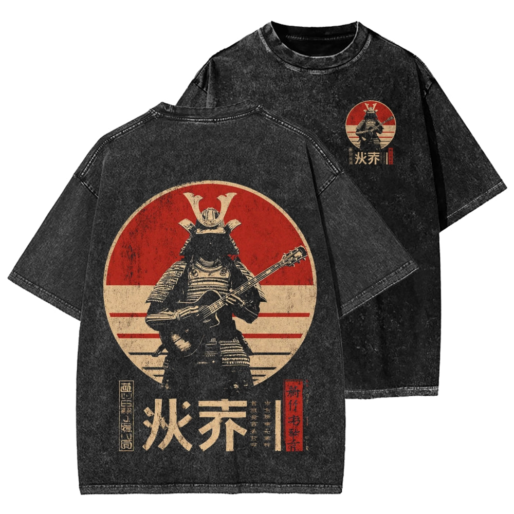 Guitarist Samurai Japanese Style Front And Back Printing Washed T-shirt