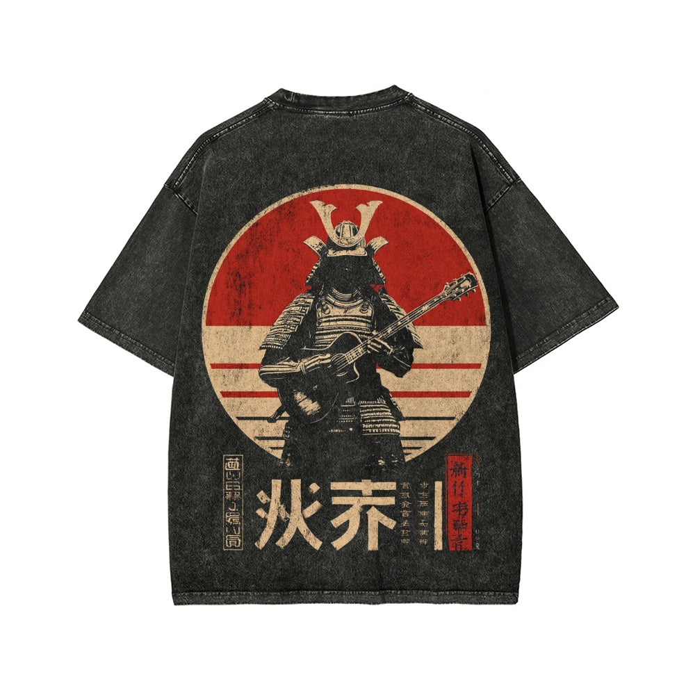 Guitarist Samurai Japanese Style Front And Back Printing Washed T-shirt