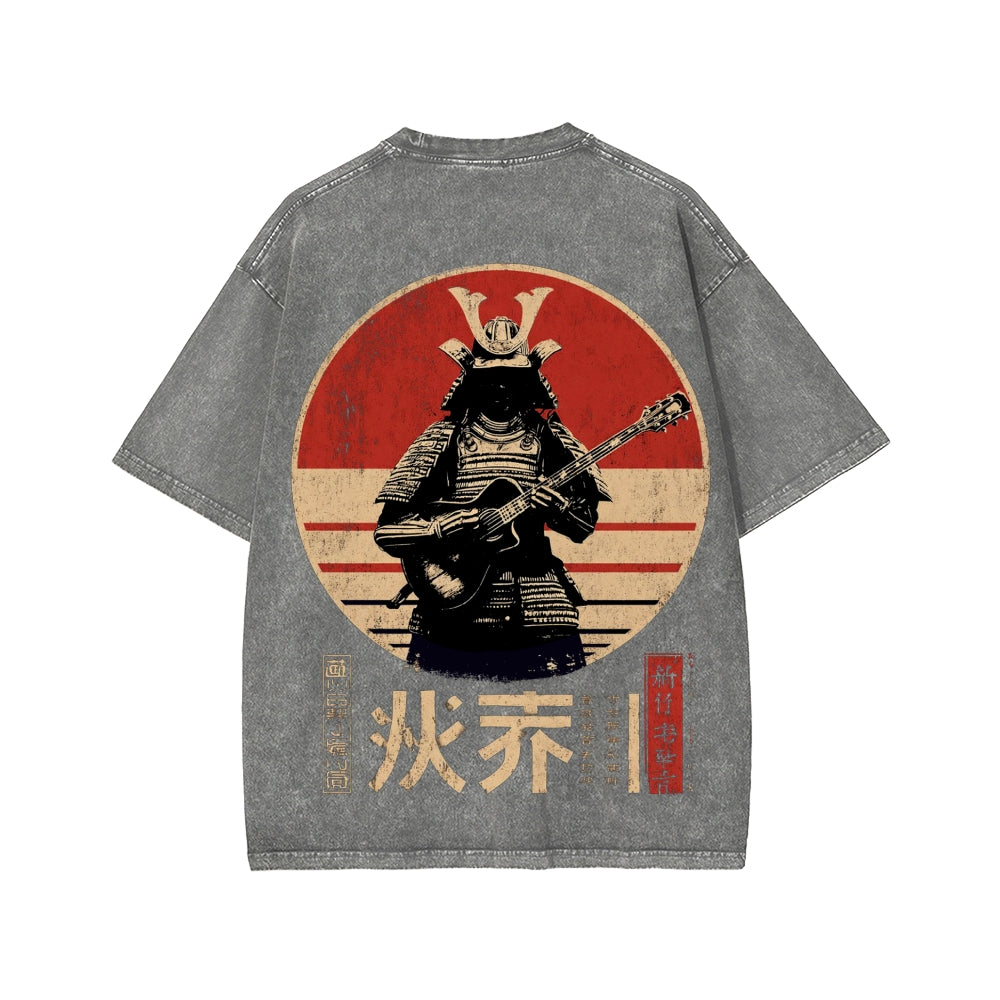 Guitarist Samurai Japanese Style Front And Back Printing Washed T-shirt