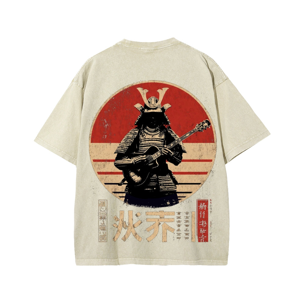 Guitarist Samurai Japanese Style Front And Back Printing Washed T-shirt