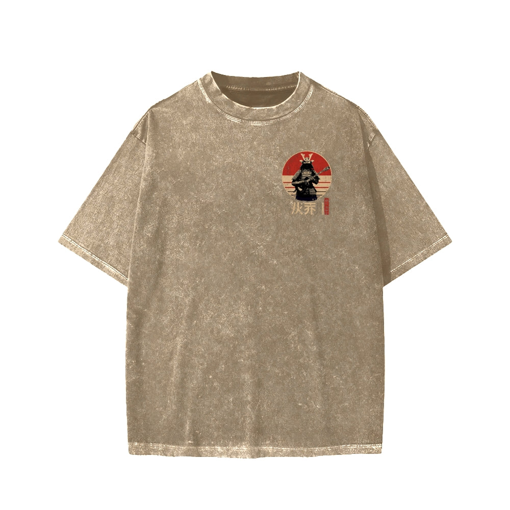 Guitarist Samurai Japanese Style Front And Back Printing Washed T-shirt