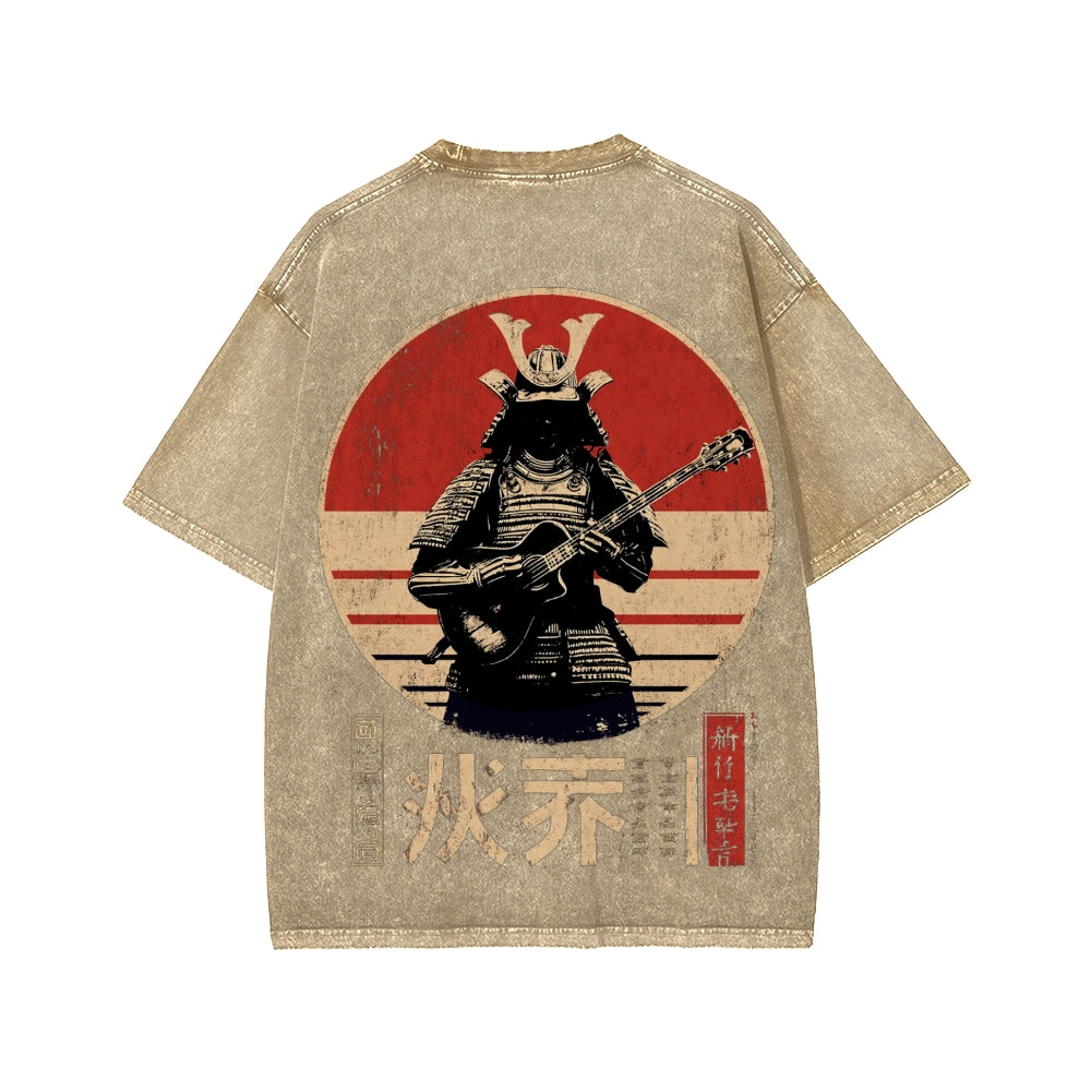 Guitarist Samurai Japanese Style Front And Back Printing Washed T-shirt