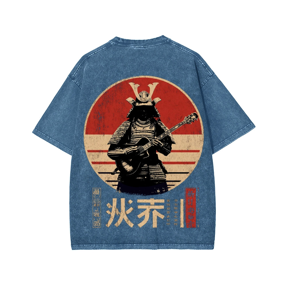 Guitarist Samurai Japanese Style Front And Back Printing Washed T-shirt