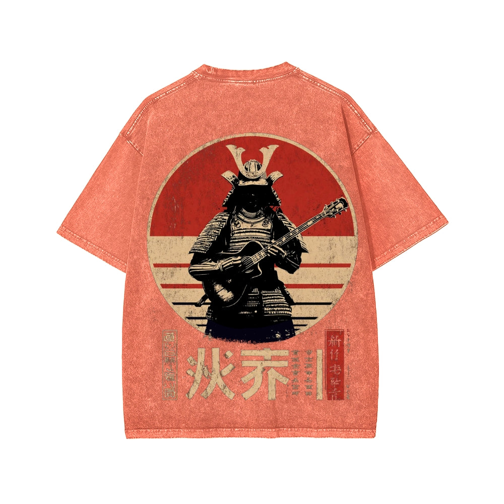 Guitarist Samurai Japanese Style Front And Back Printing Washed T-shirt