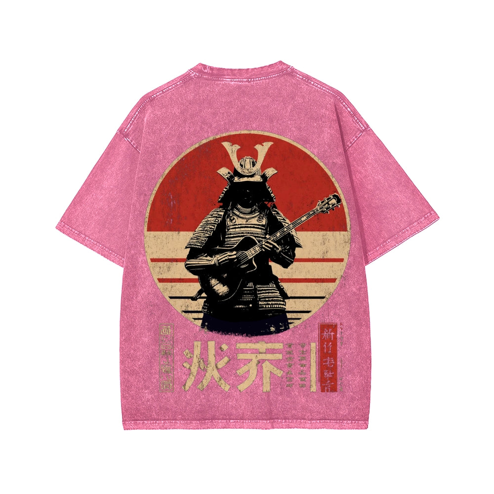 Guitarist Samurai Japanese Style Front And Back Printing Washed T-shirt