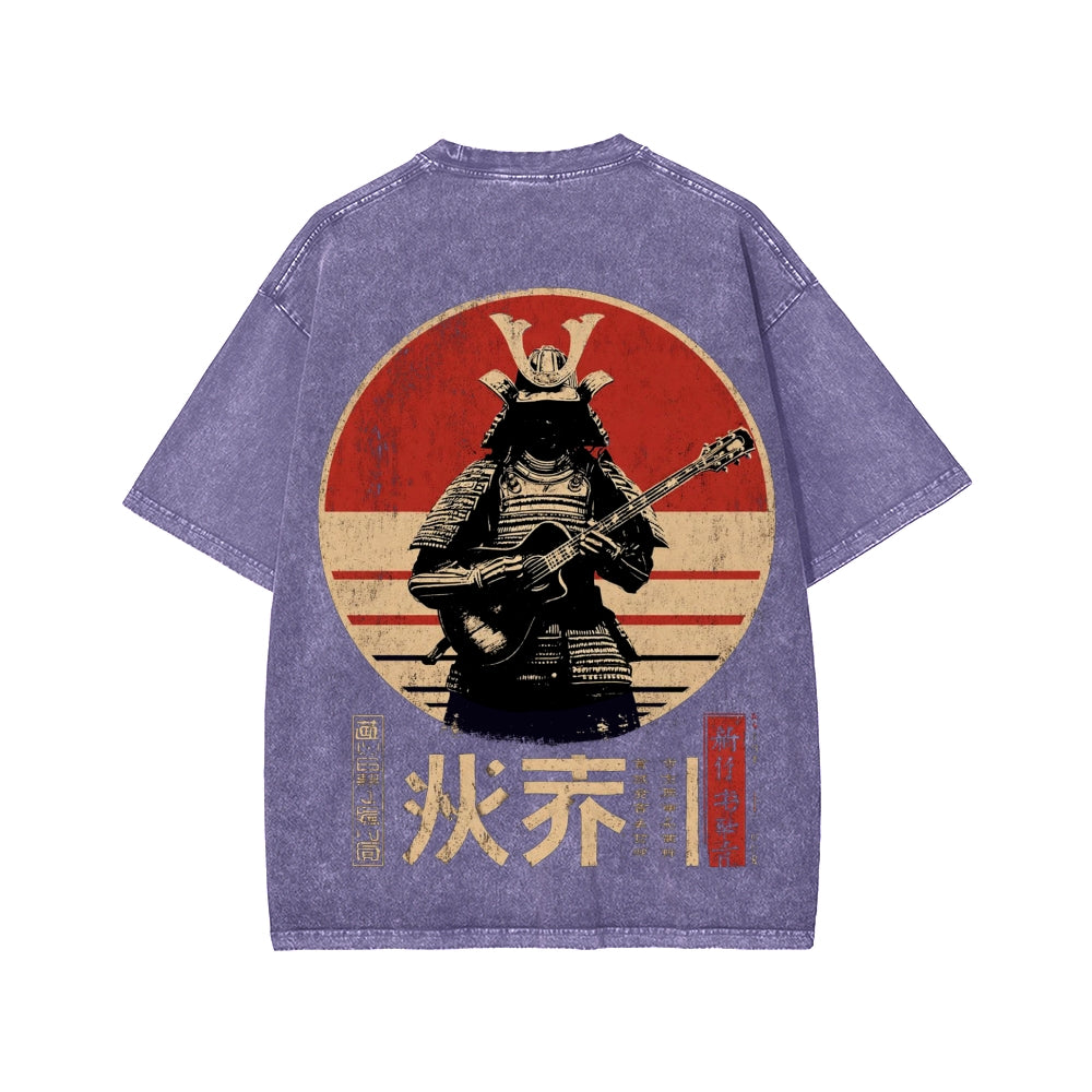 Guitarist Samurai Japanese Style Front And Back Printing Washed T-shirt