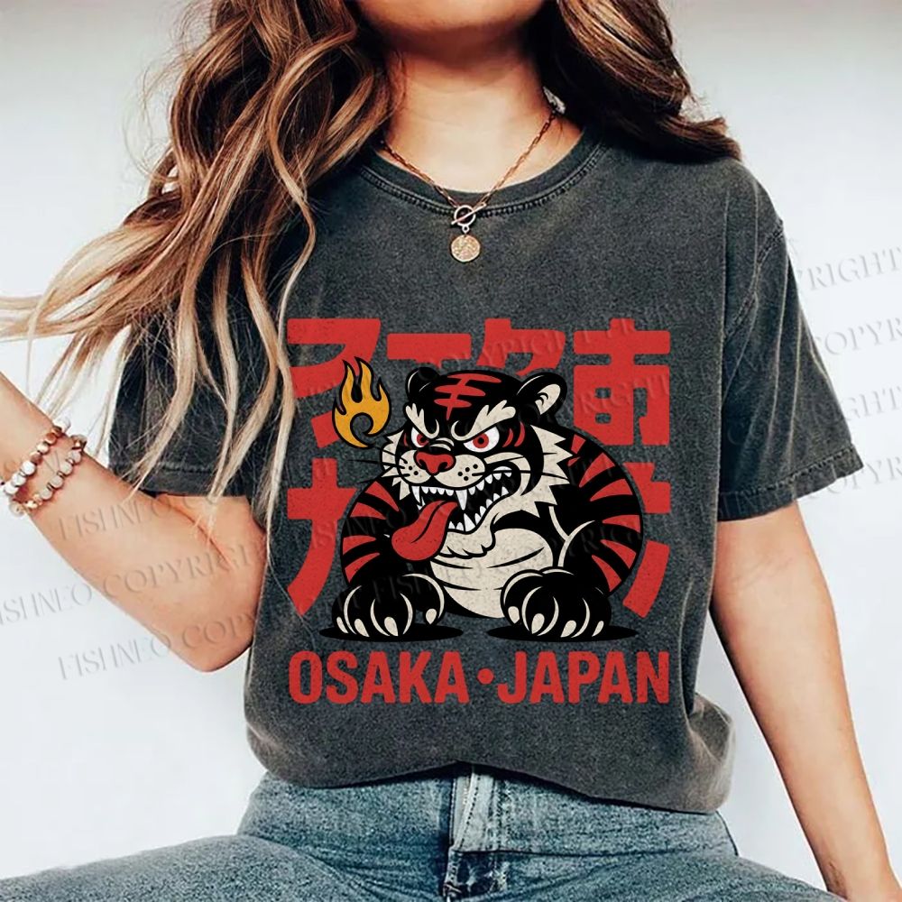 Unisex Osaka Japan Tiger Printed Washed Tee
