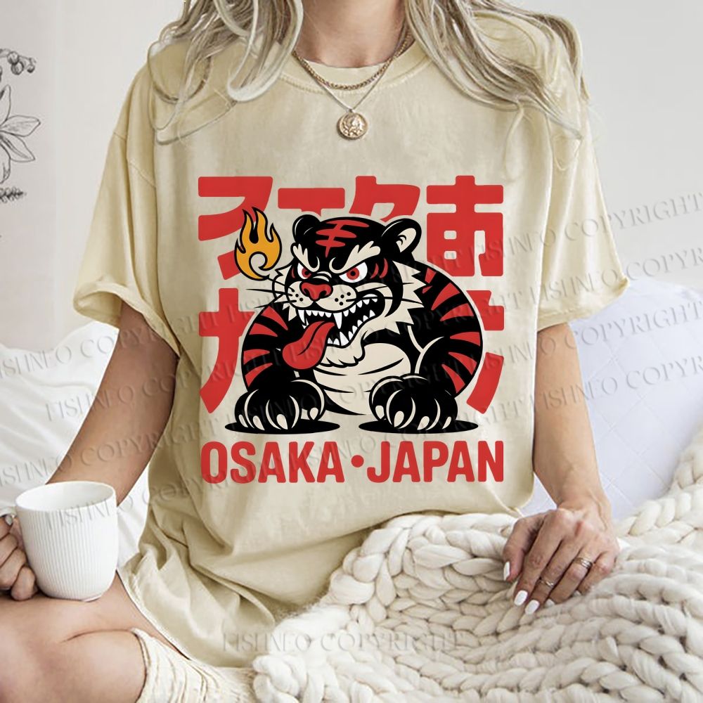 Unisex Osaka Japan Tiger Printed Washed Tee