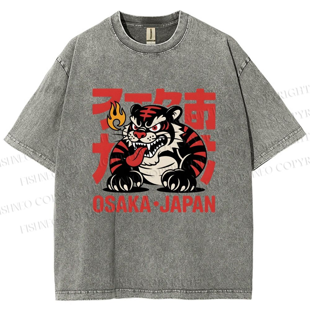 Unisex Osaka Japan Tiger Printed Washed Tee