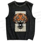 Unisex Tokoy Tiger Printed Washed Tank Top