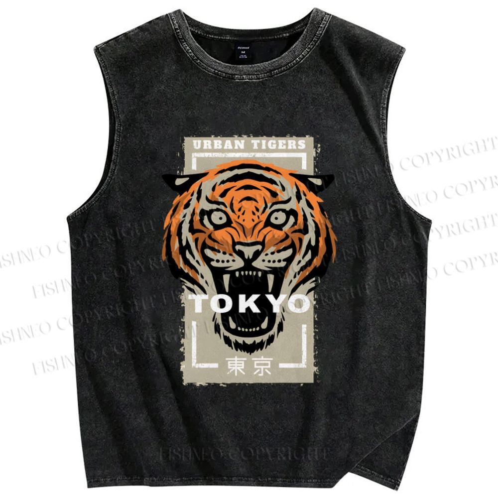 Unisex Tokoy Tiger Printed Washed Tank Top