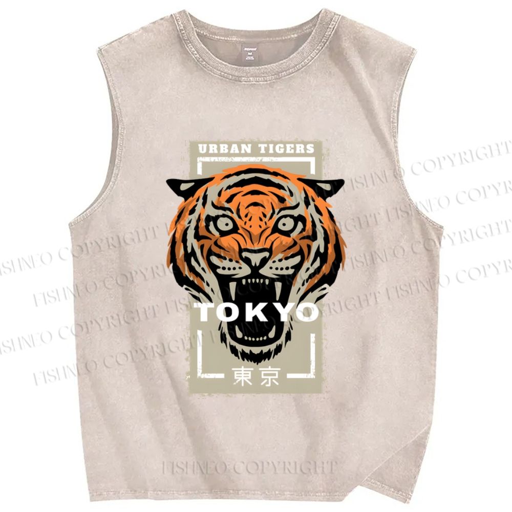 Unisex Tokoy Tiger Printed Washed Tank Top