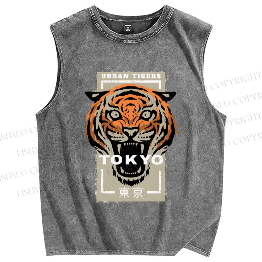 Unisex Tokoy Tiger Printed Washed Tank Top