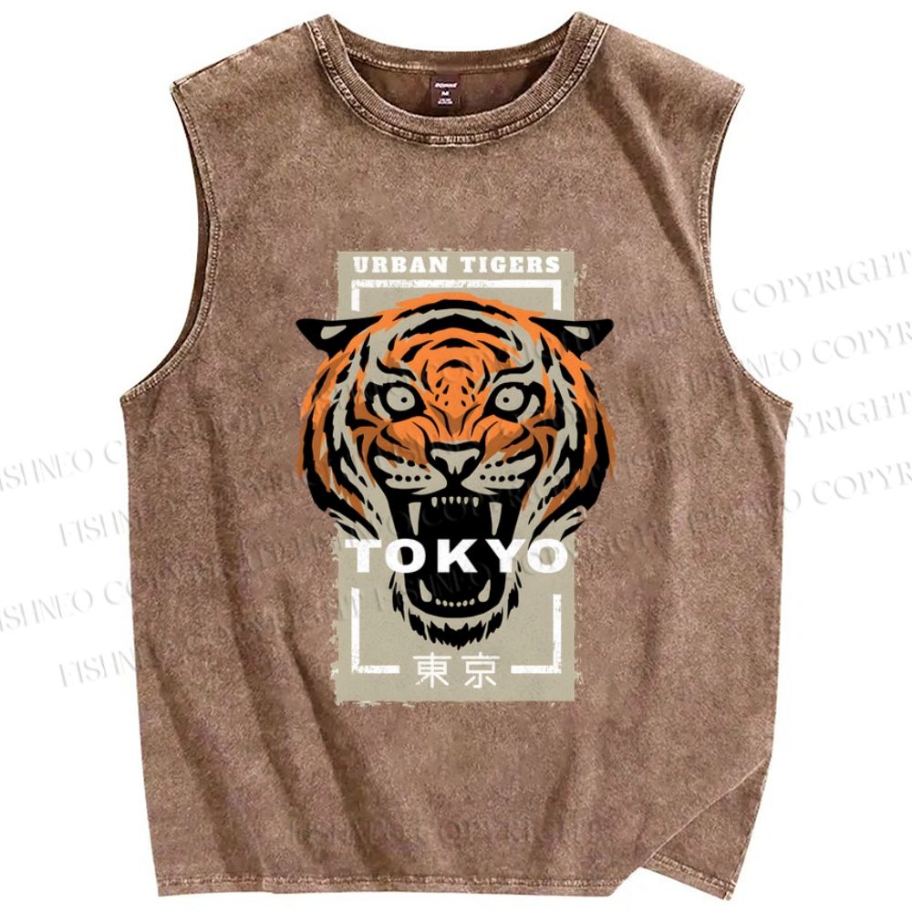 Unisex Tokoy Tiger Printed Washed Tank Top