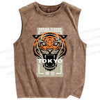 Unisex Tokoy Tiger Printed Washed Tank Top