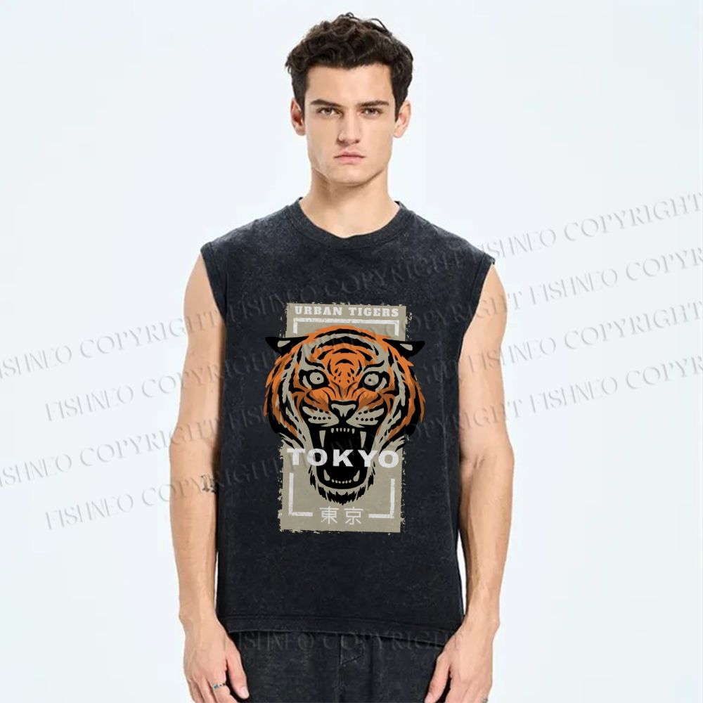 Unisex Tokoy Tiger Printed Washed Tank Top