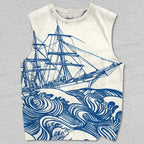Unisex Sea Wave Ship Printed Tank Top