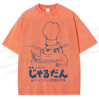 Unisex Japanese Funny Cat Chef Cook Printed Washed Tee