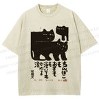 Unisex Vintage Japanese Cat Printed Washed Tee