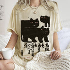 Unisex Vintage Japanese Cat Printed Washed Tee