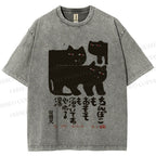Unisex Vintage Japanese Cat Printed Washed Tee