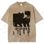 Unisex Vintage Japanese Cat Printed Washed Tee