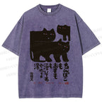 Unisex Vintage Japanese Cat Printed Washed Tee