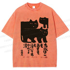 Unisex Vintage Japanese Cat Printed Washed Tee