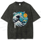 Unisex Van Gogh Style Sea Wave Vintage Printed Washed Tee
