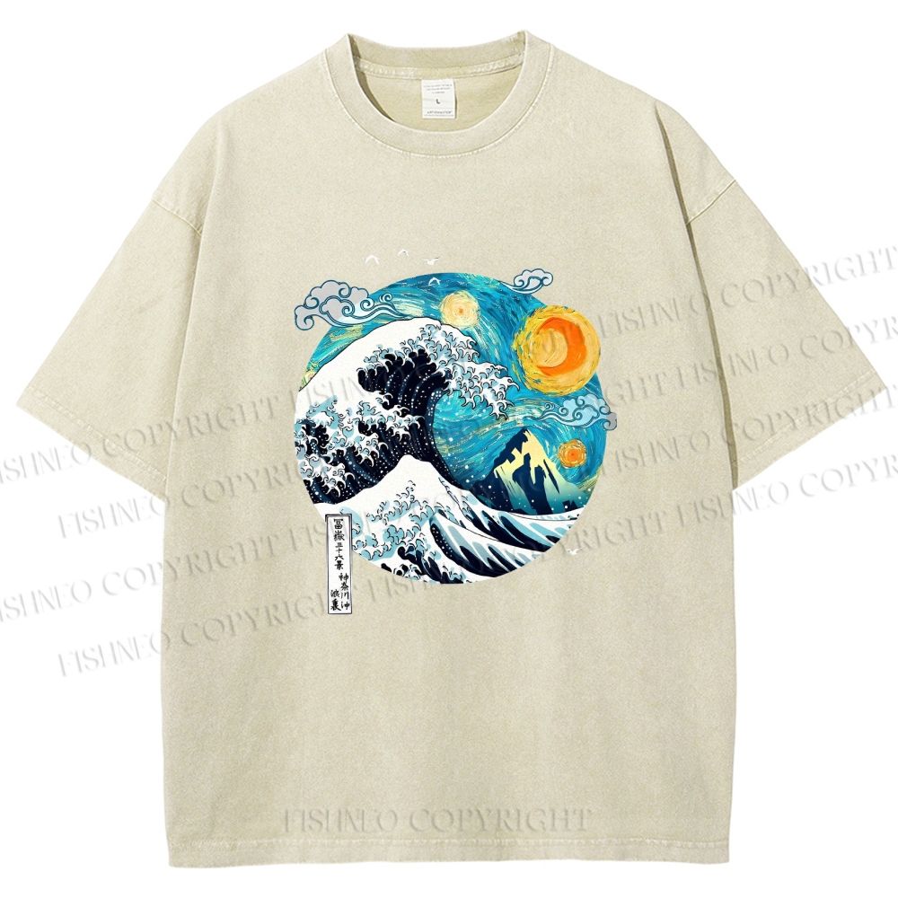 Unisex Van Gogh Style Sea Wave Vintage Printed Washed Tee