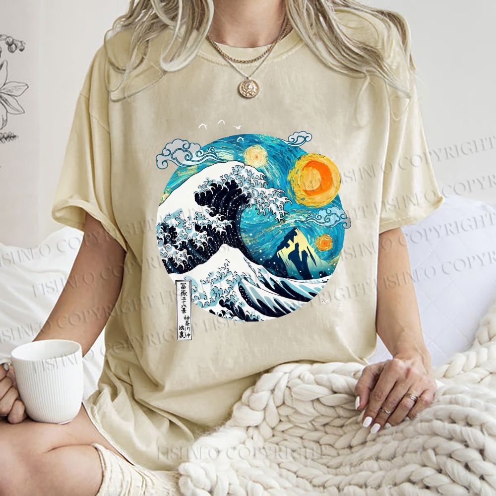 Unisex Van Gogh Style Sea Wave Vintage Printed Washed Tee