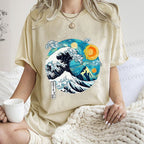 Unisex Van Gogh Style Sea Wave Vintage Printed Washed Tee
