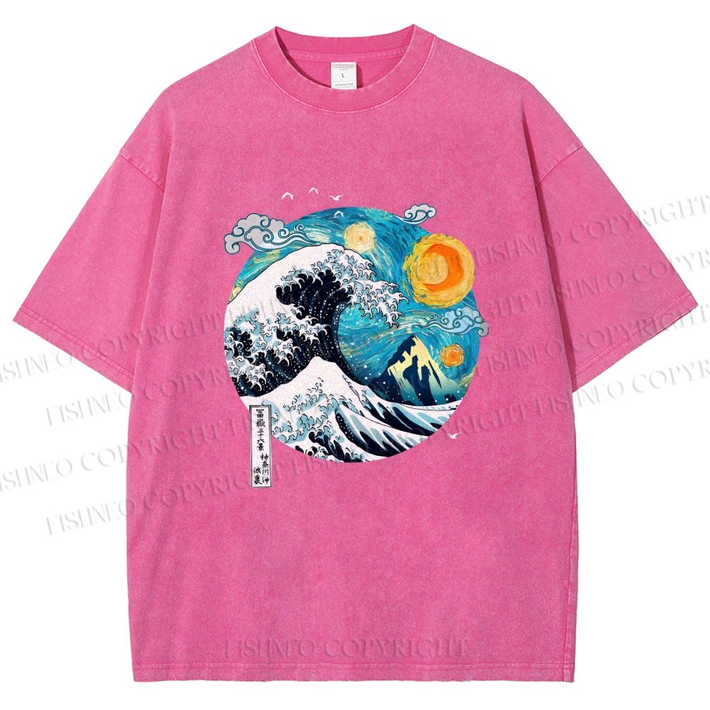 Unisex Van Gogh Style Sea Wave Vintage Printed Washed Tee