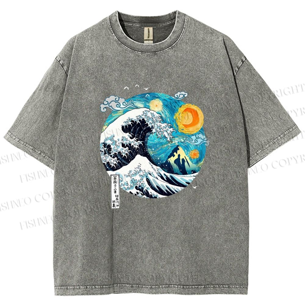 Unisex Van Gogh Style Sea Wave Vintage Printed Washed Tee
