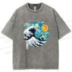 Unisex Van Gogh Style Sea Wave Vintage Printed Washed Tee